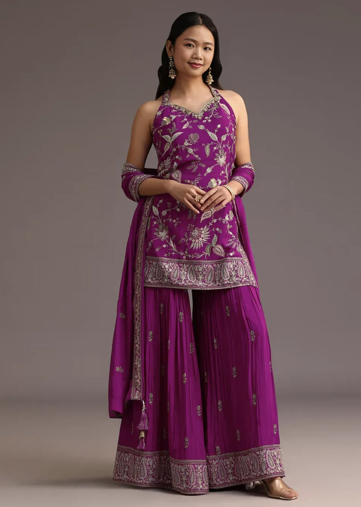 Purple Resham Embroidered Salwar Kameez