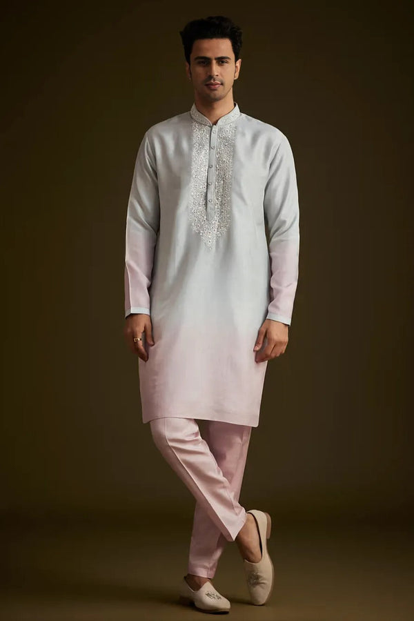 Pink and Grey Ombre Textured Sherwani Set