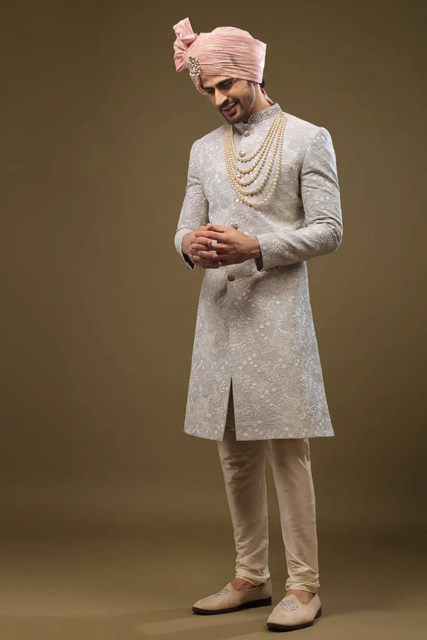 Baby Blue Silk Sherwani with Zari and Sequin Embroidery (Outside Ontario)