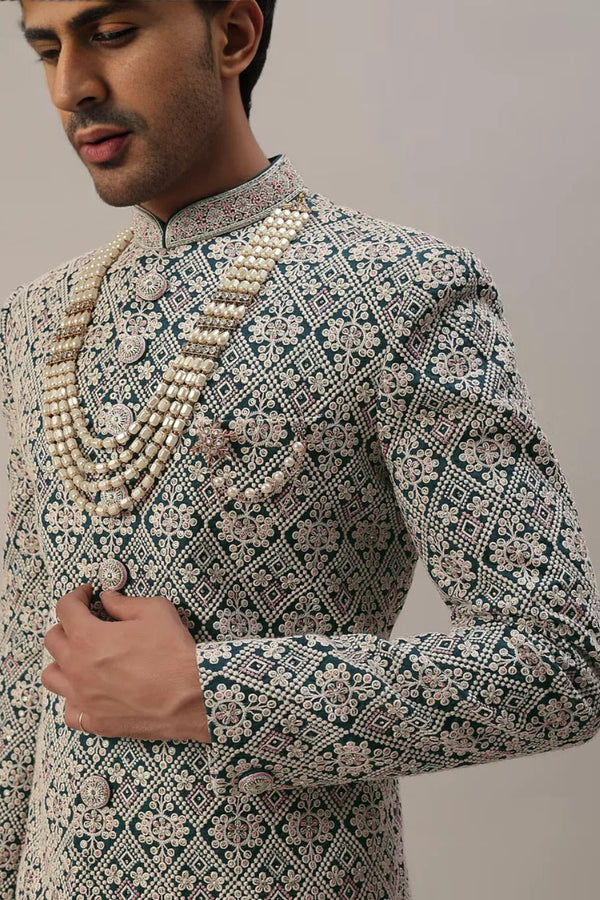 Teal Green Embroidered Sherwani with Layered Mala