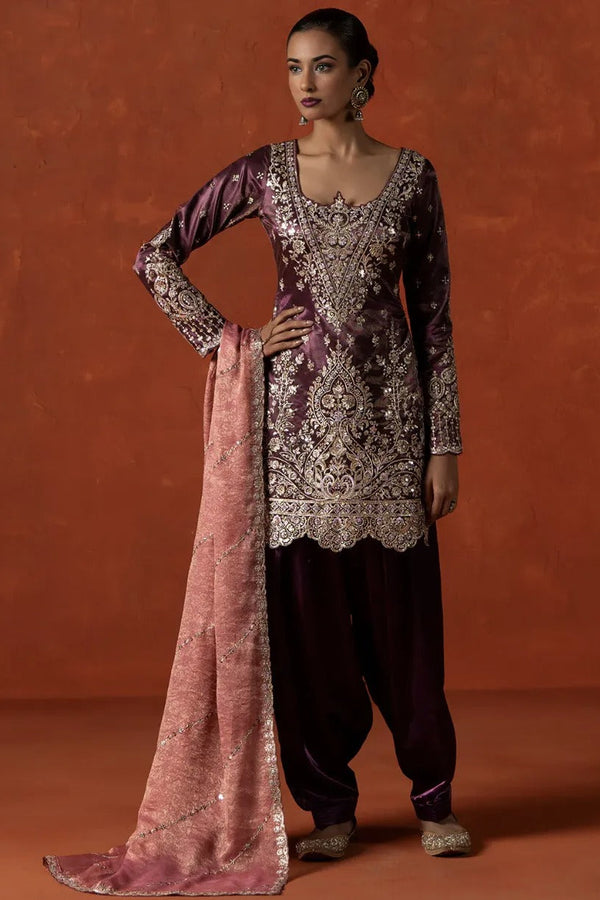 Deep Wine Embroidered Satin Punjabi Suit