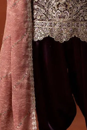 Deep Wine Embroidered Satin Punjabi Suit