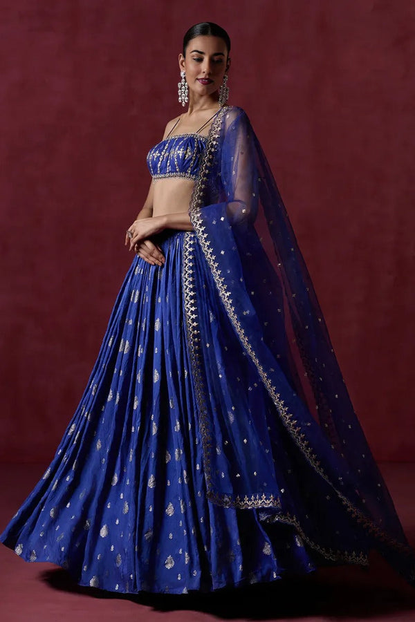 Royal Blue Embroidered Brocade Lehenga