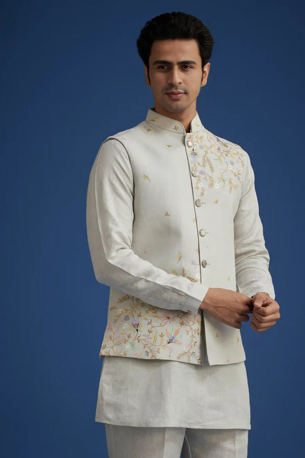 Grey Breeze Linen Suit with Resham Embroidered Jacket