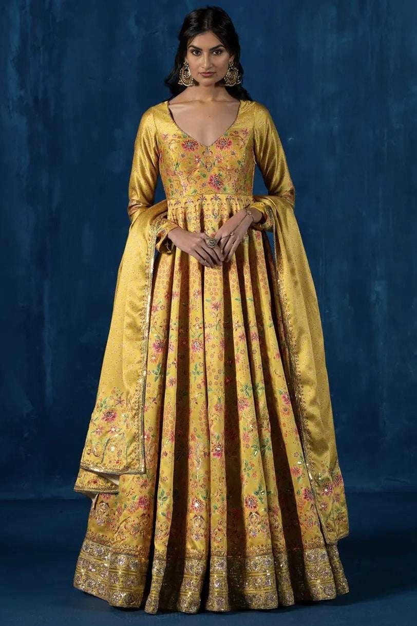 Sunlit Yellow Embroidered Crepe Silk Anarkali (Outside Ontario) - myethnicrentals