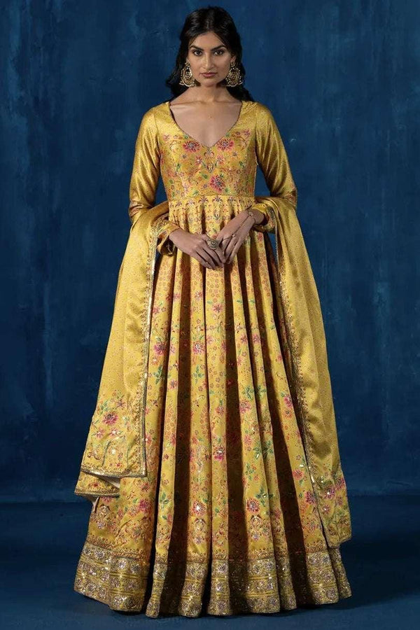 Sunlit Yellow Embroidered Crepe Silk Anarkali (Outside Ontario) - myethnicrentals