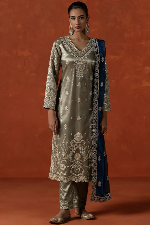 Sage Green Embroidered Satin Pant Suit