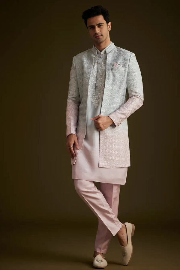 Pink and Grey Ombre Textured Sherwani Set
