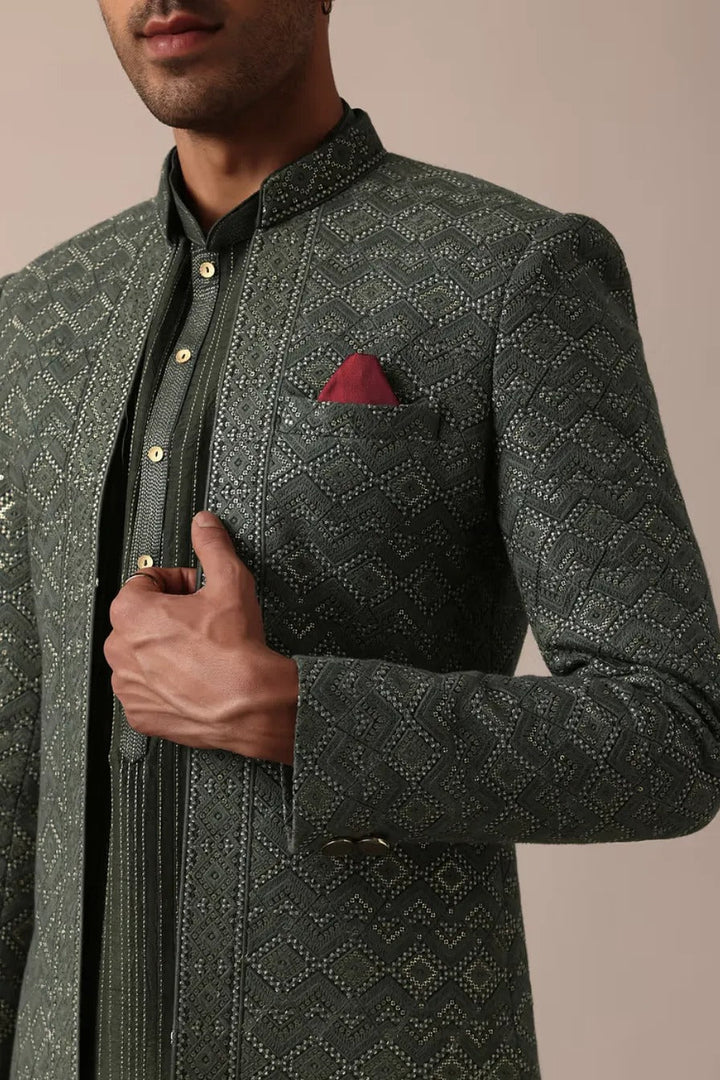 Majestic Green Silk Sherwani Set