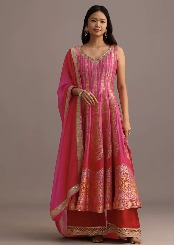 Pink Embroidered Salwar Kameez with Organza Dupatta