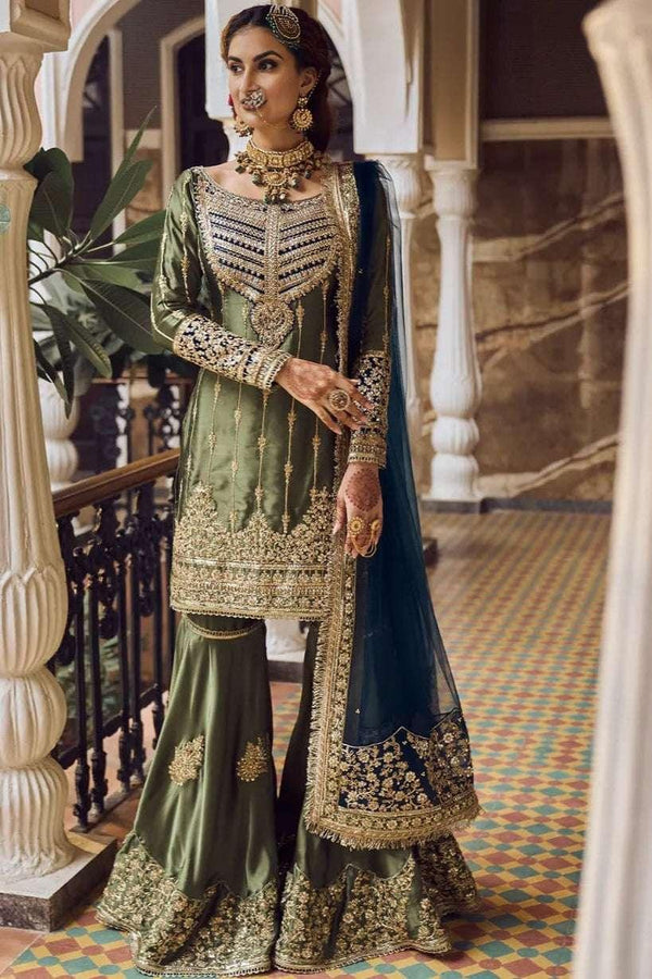 Olive Green Embroidered Gharara Suit (Outside Ontario) - myethnicrentals