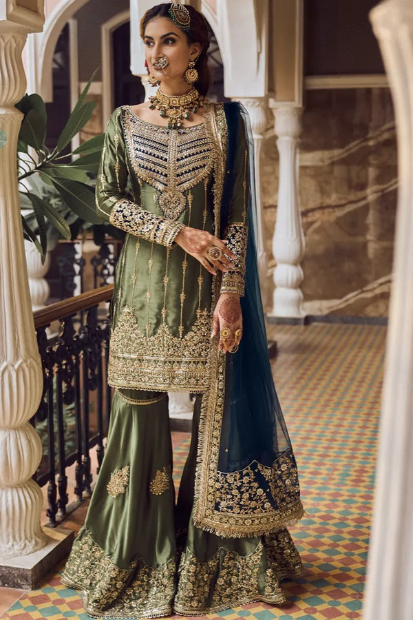 Olive Green Embroidered Gharara Suit (Outside Ontario)