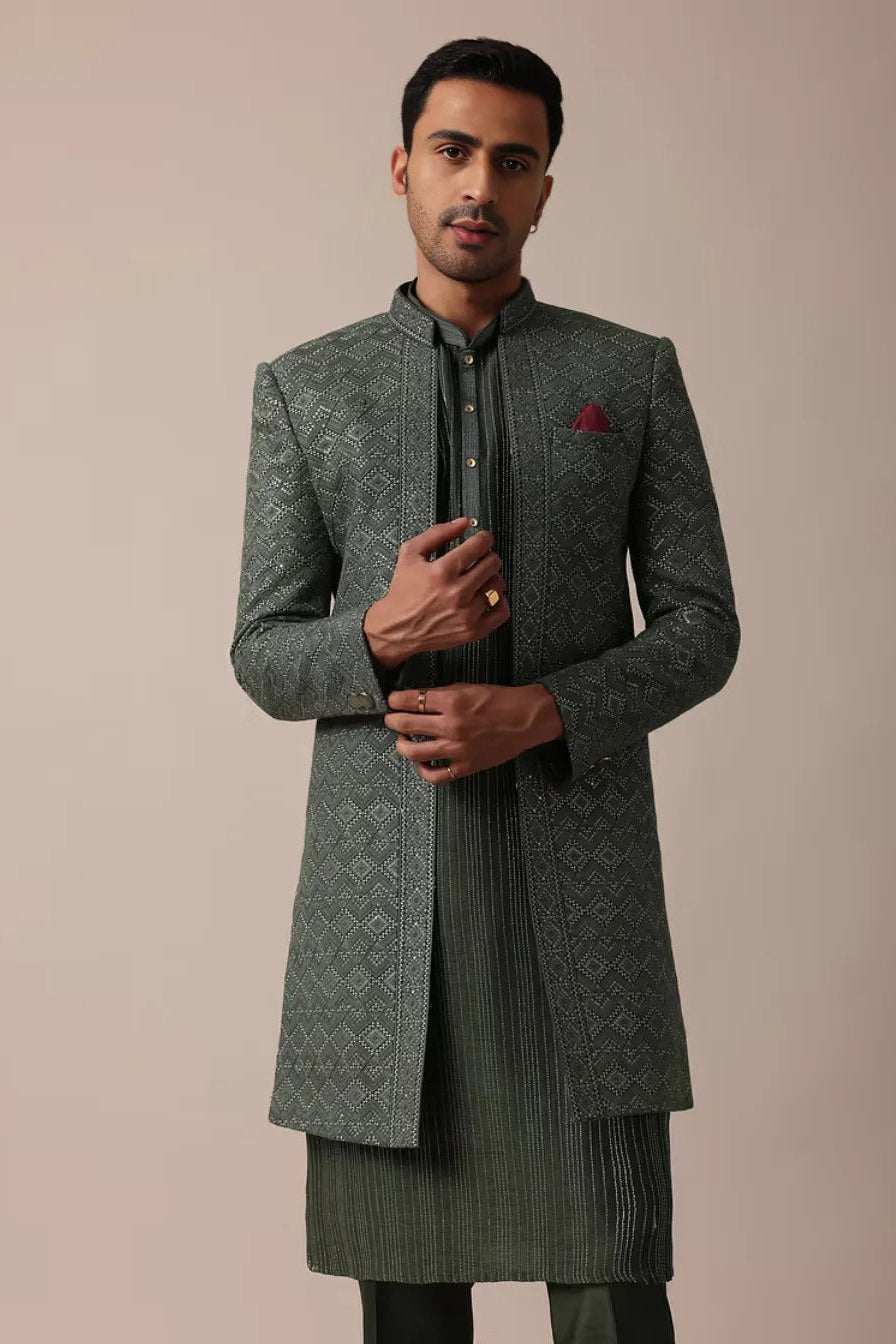 Majestic Green Silk Sherwani Set