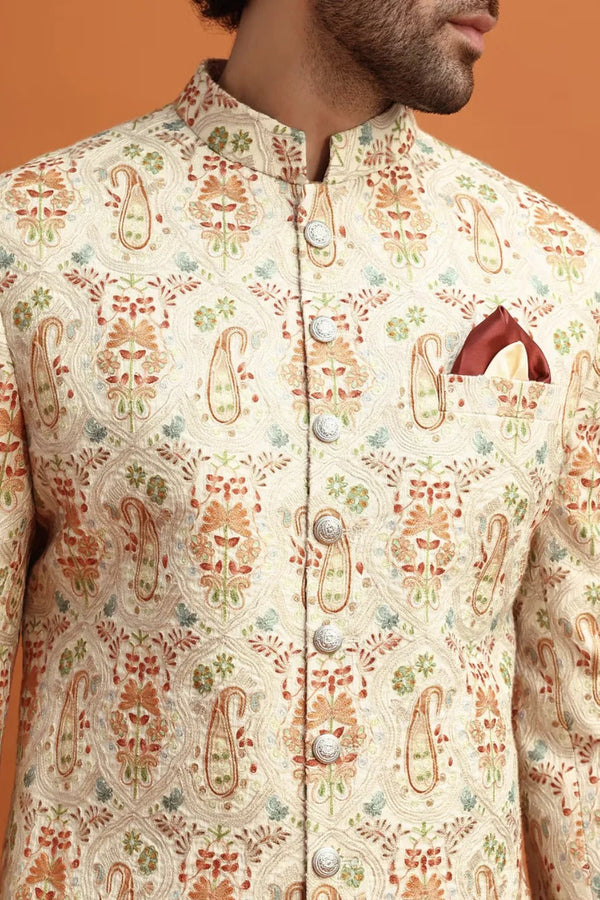 Beige Paisley Print Sherwani with Resham Embroidery