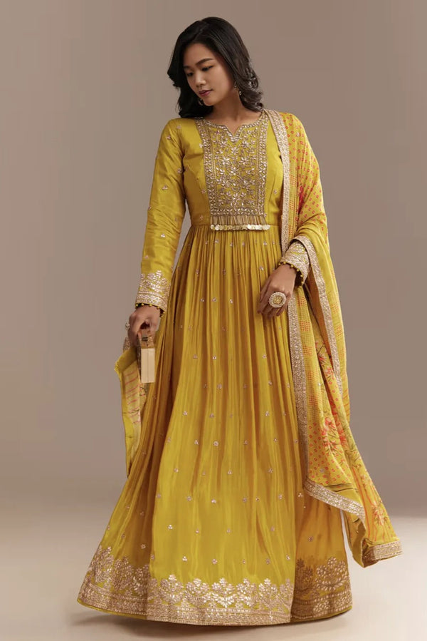 Mustard Zardosi Chiffon Salwar Kameez