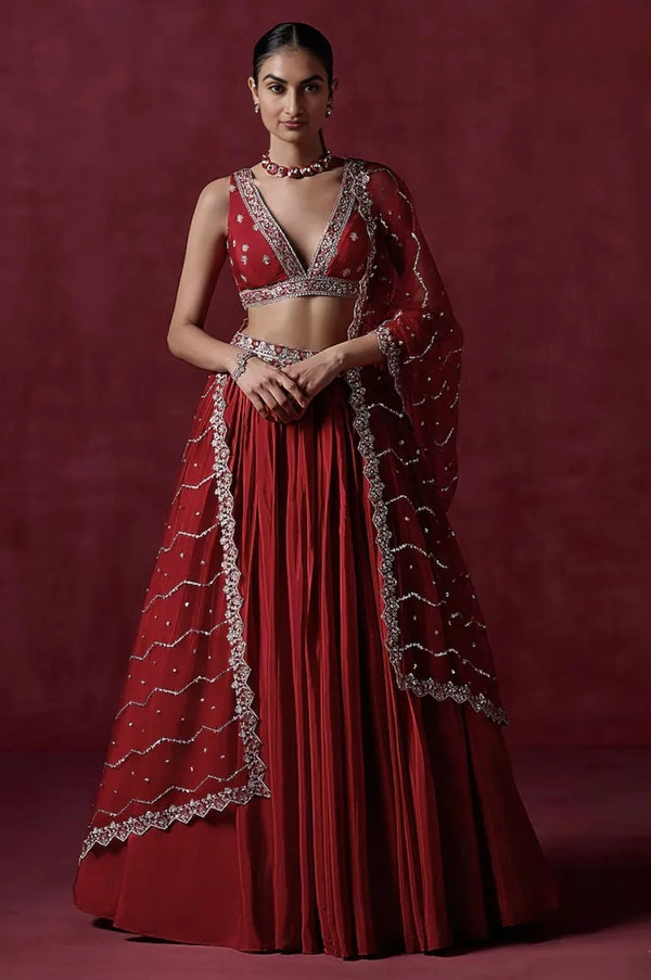 Red Crepe Silk Sequins Embroidered Lehenga