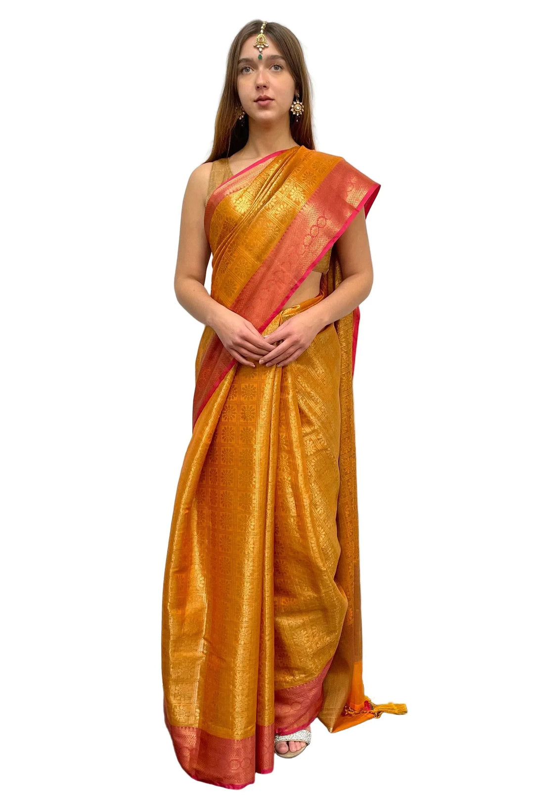 Pink and Orange Banarasi Saree - myethnicrentals