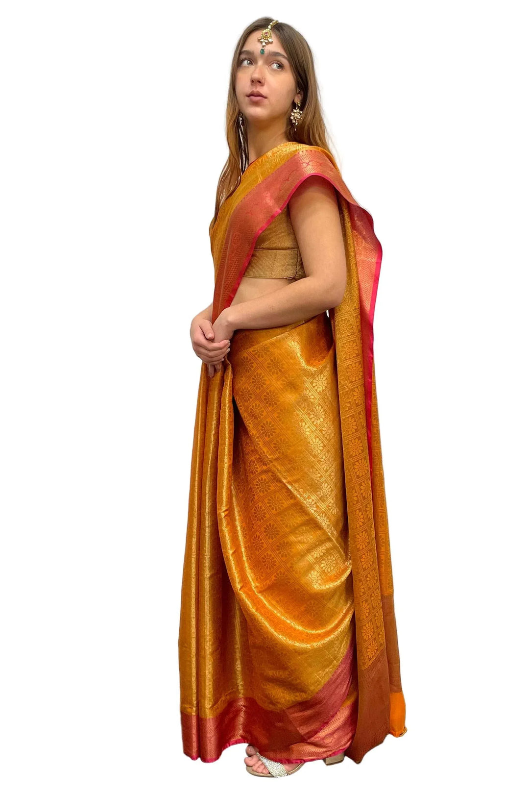 Pink and Orange Banarasi Saree - myethnicrentals