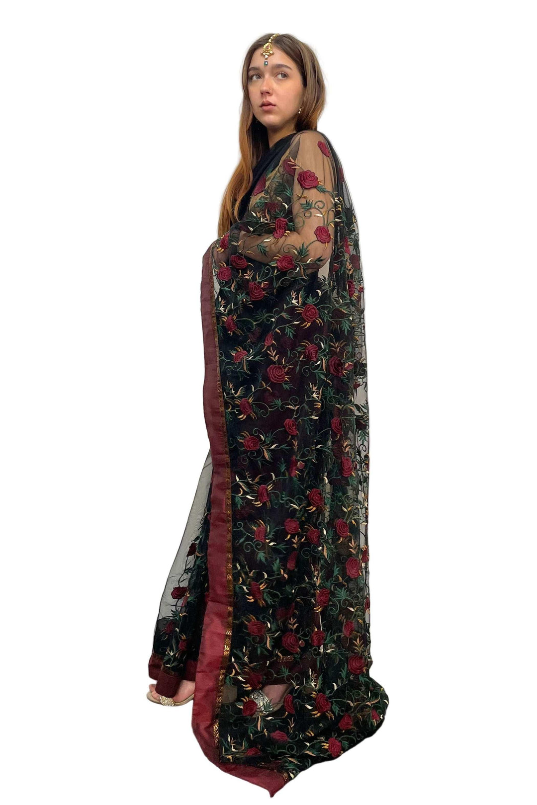 Black with Rose Embroidery Saree - myethnicrentals