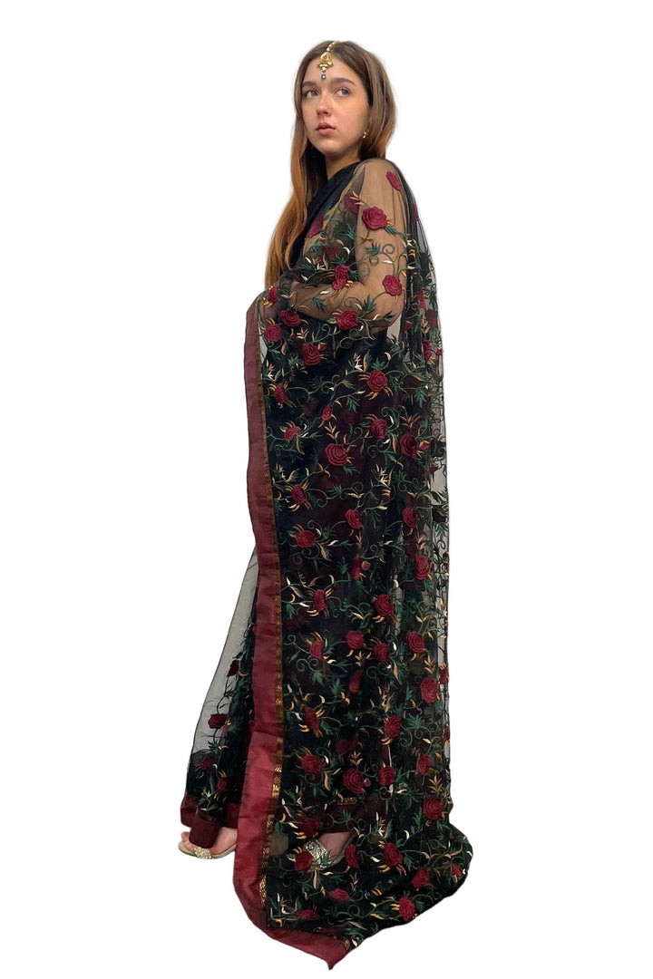 Black with Rose Embroidery Saree - myethnicrentals