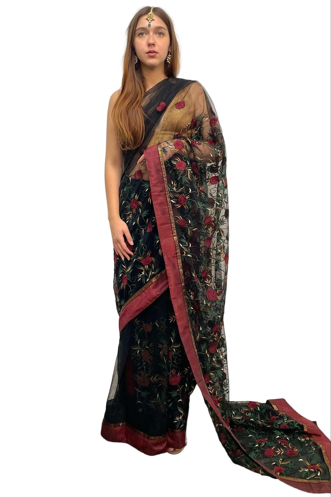 Black with Rose Embroidery Saree - myethnicrentals
