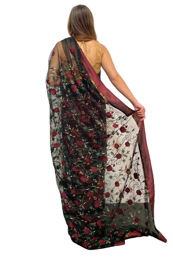 Black with Rose Embroidery Saree - myethnicrentals