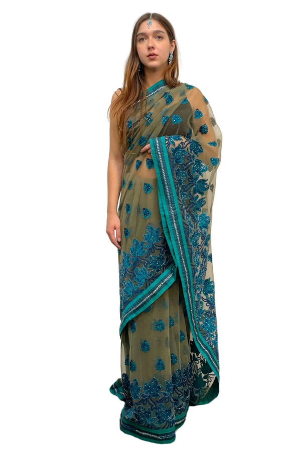 Blue Rose Embroidery Saree - myethnicrentals