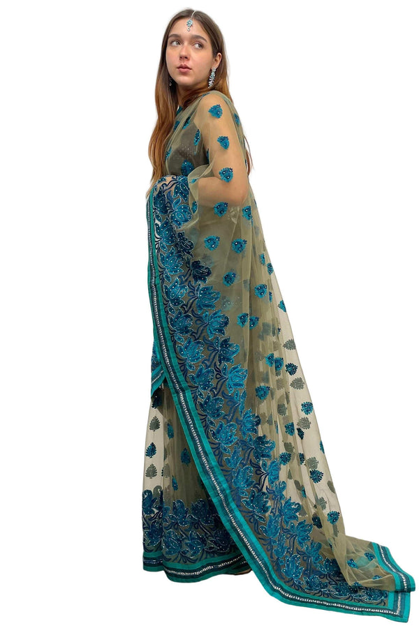 Blue Rose Embroidery Saree - myethnicrentals