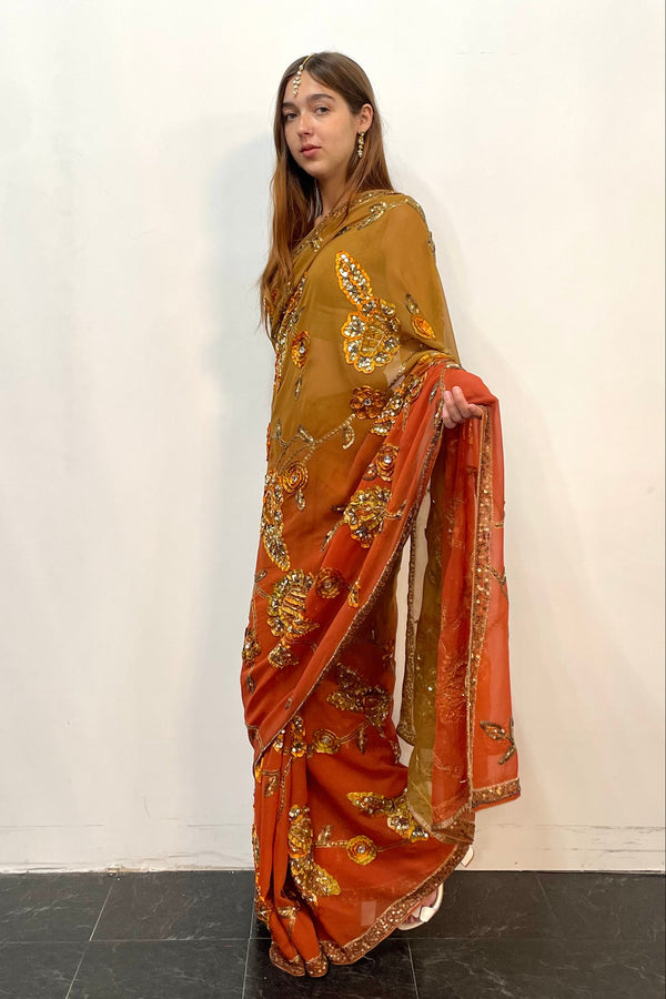 Multi shade gold orange saree