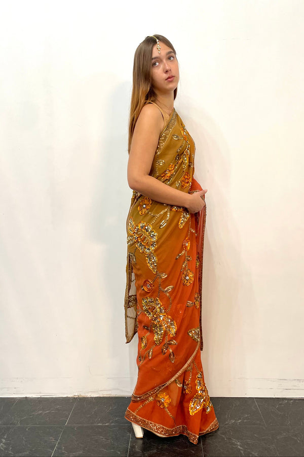 Multi shade gold orange saree