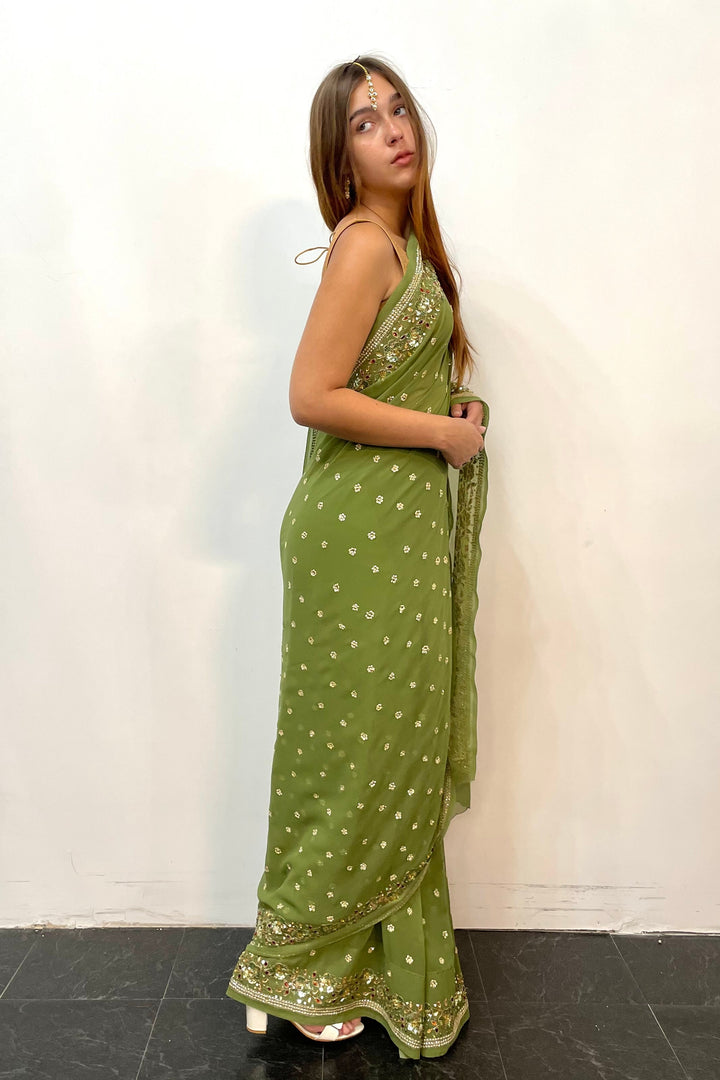 Georgette Sage Green sequins Saree (Outside Ontario)
