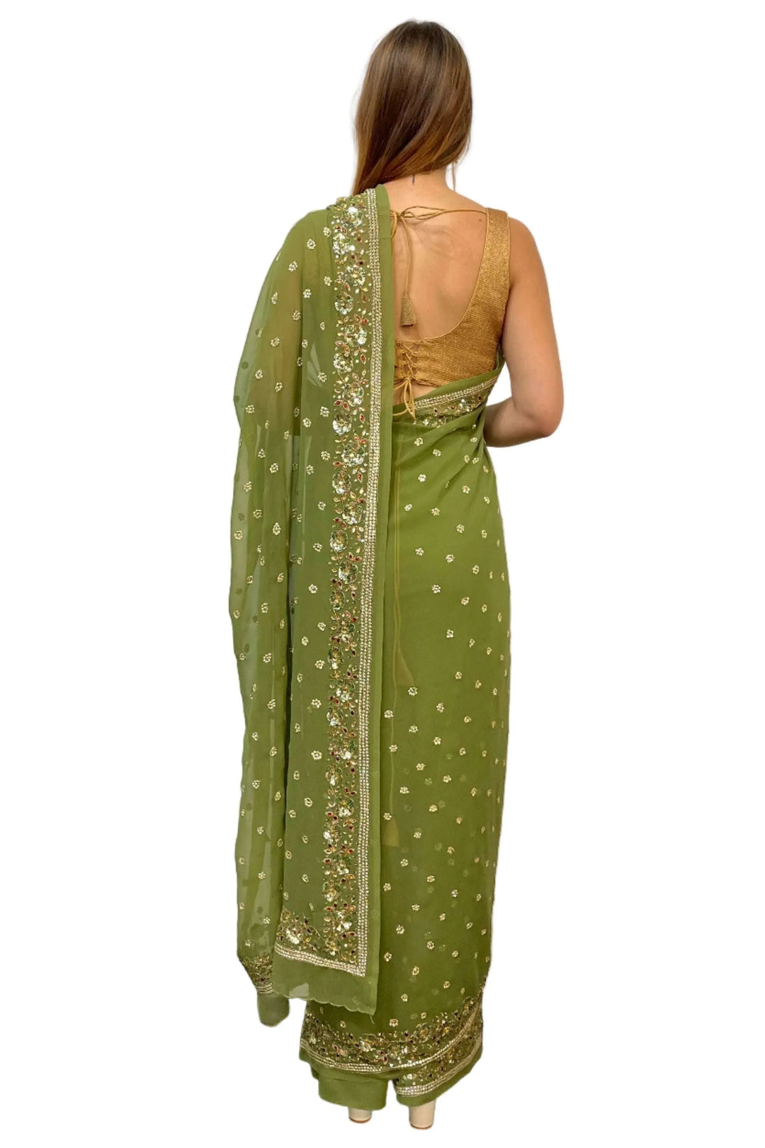 Georgette Sage Green sequins Saree (Outside Ontario) - myethnicrentals