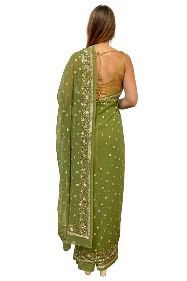 Georgette Sage Green sequins Saree (Outside Ontario) - myethnicrentals