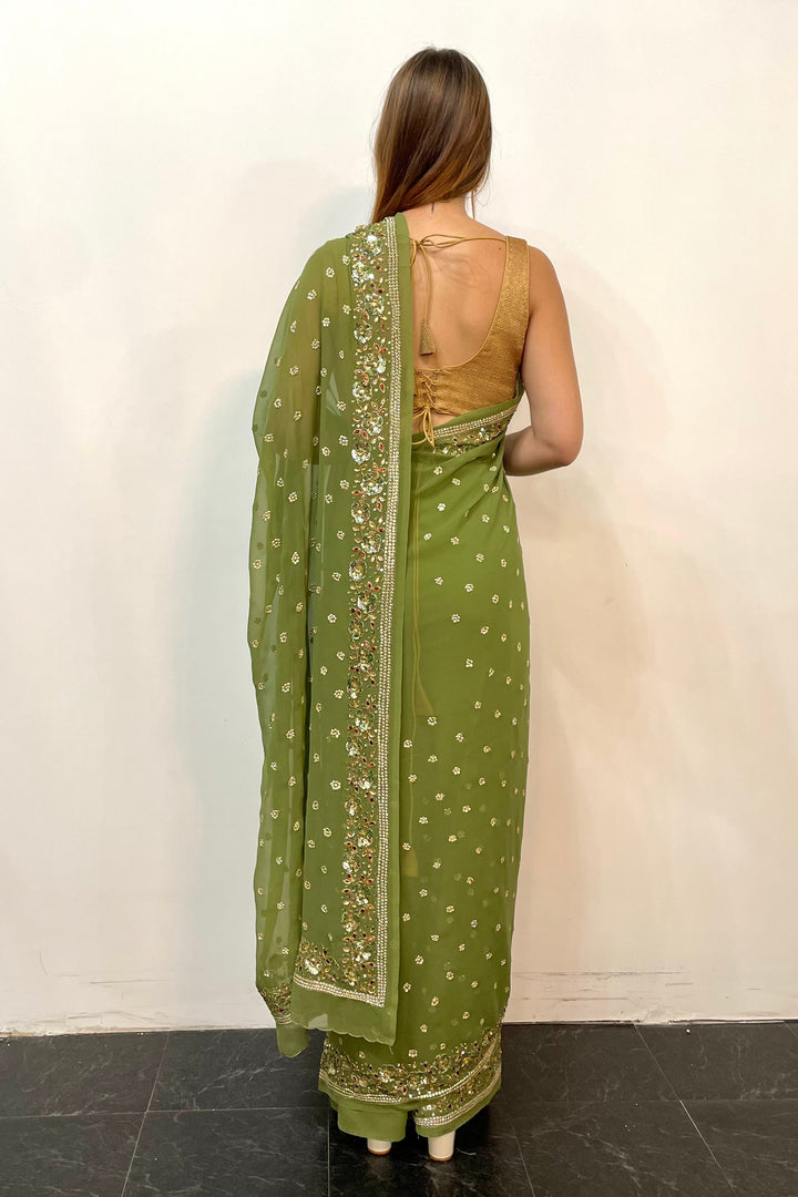 Georgette Sage Green sequins Saree (Outside Ontario)