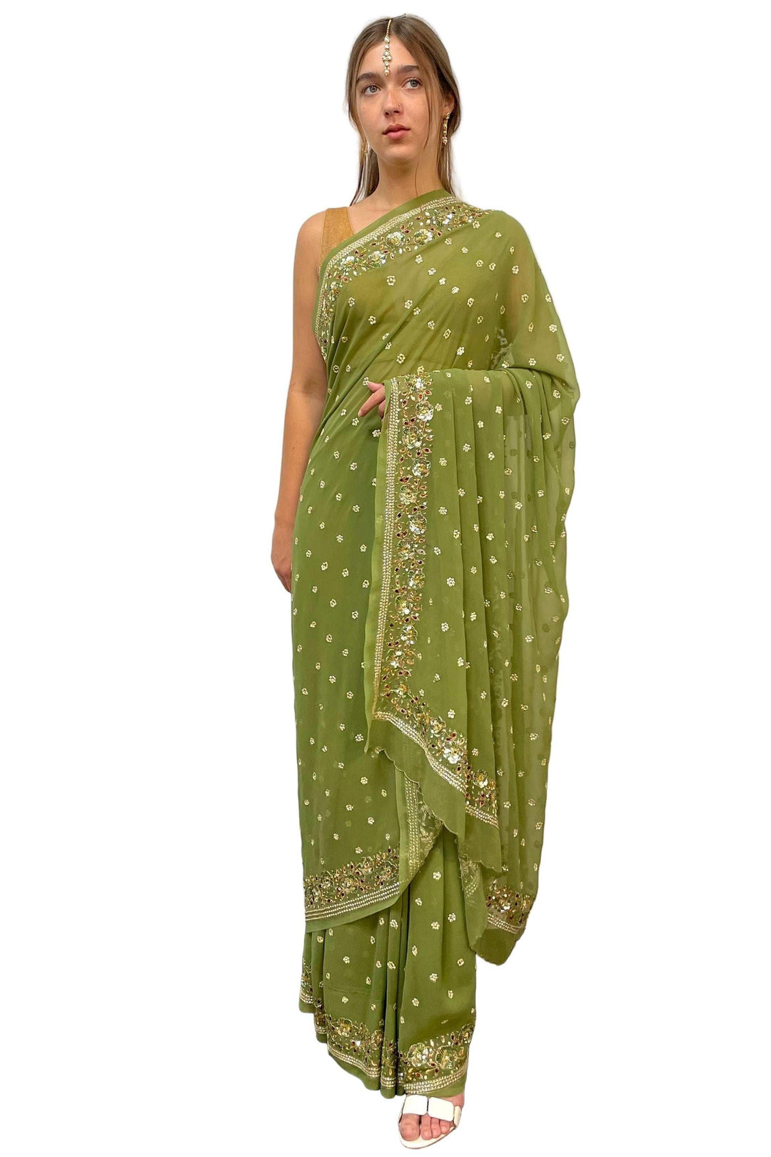 Georgette Sage Green sequins Saree (Outside Ontario) - myethnicrentals
