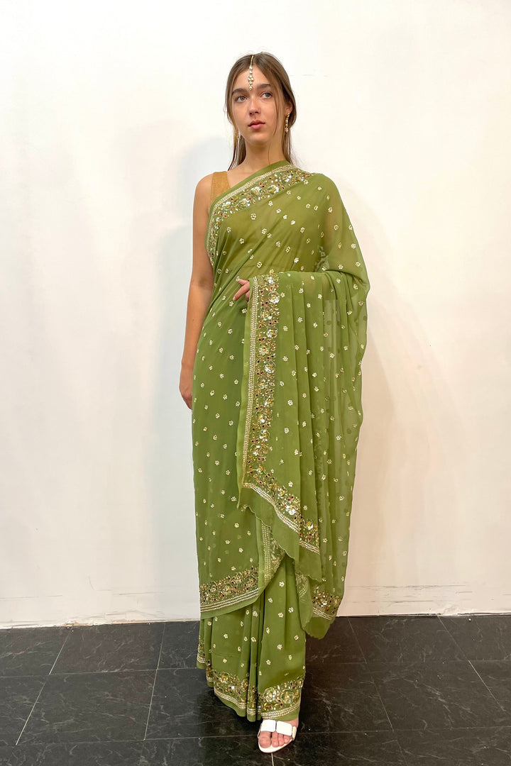 Georgette Sage Green sequins Saree (Outside Ontario)