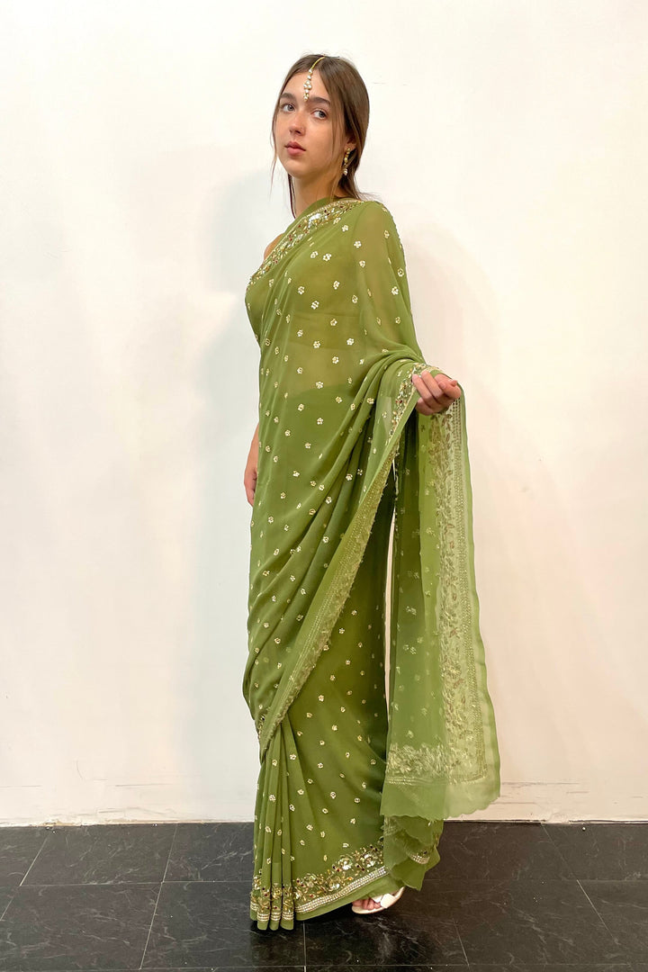 Georgette Sage Green sequins Saree (Outside Ontario)
