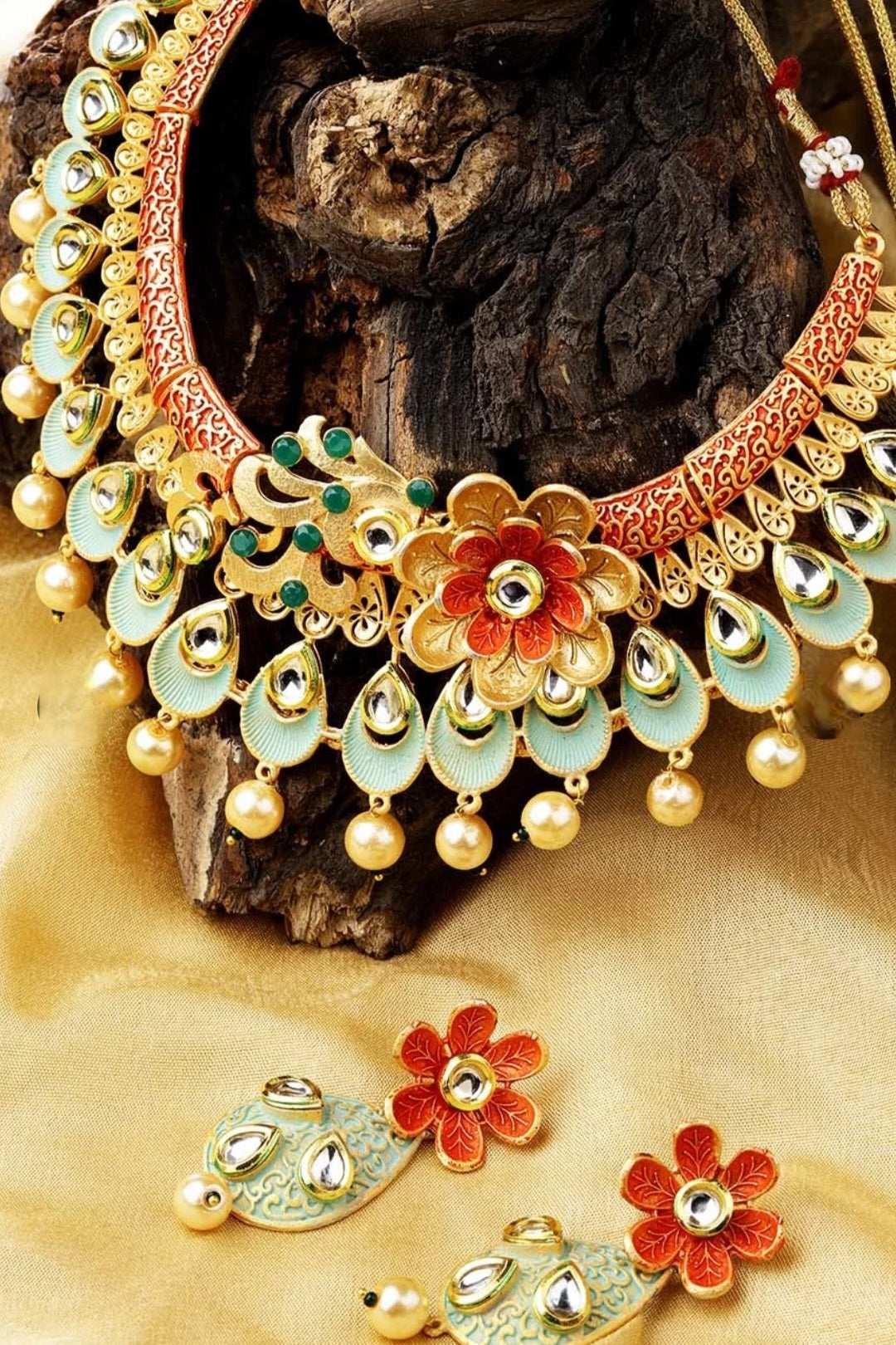 Sea-Green and Red Jaipuri style Jewellery Set (Outside Ontario) - myethnicrentals