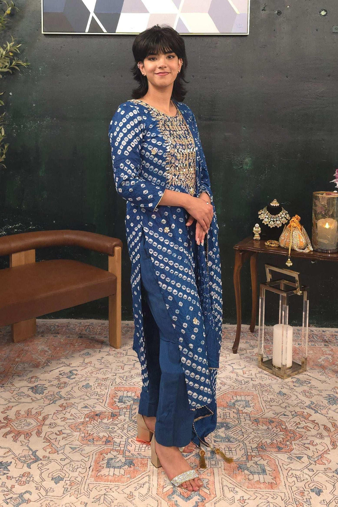 Blue Bandhej embroidered Salwar Kameez (Outside Ontario) - myethnicrentals