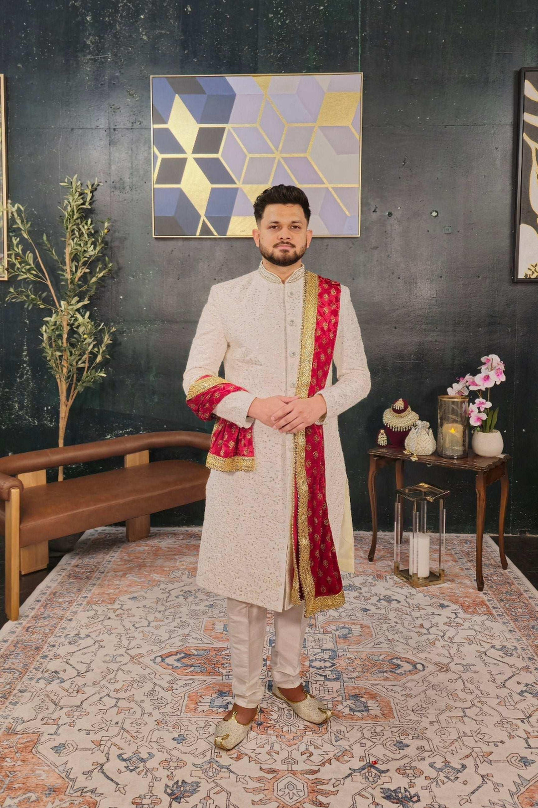 Men Shawl-Stole - Maroon with gold print (Outside Ontario) - myethnicrentals