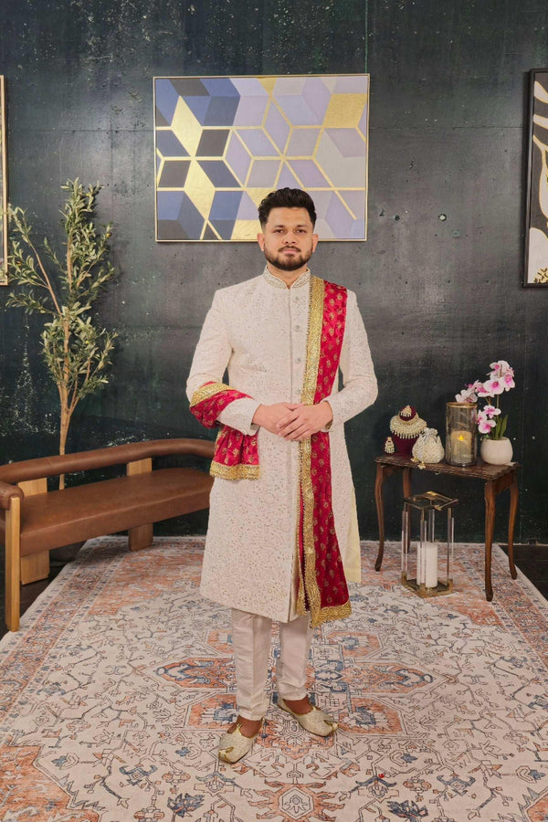 Men Shawl-Stole - Maroon with gold print (Outside Ontario) - myethnicrentals