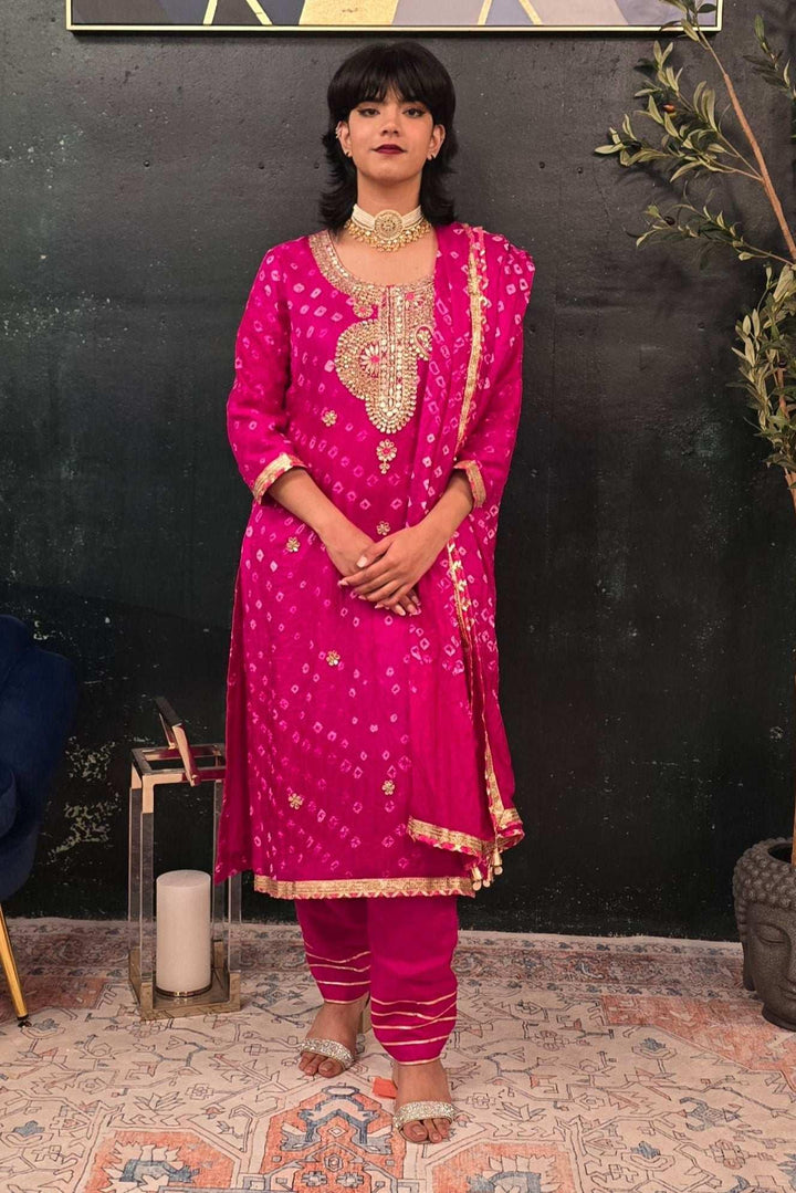 Fuschia Pink Bandhni Gotta Patti Salwar Kameez (Outside Ontario) - myethnicrentals