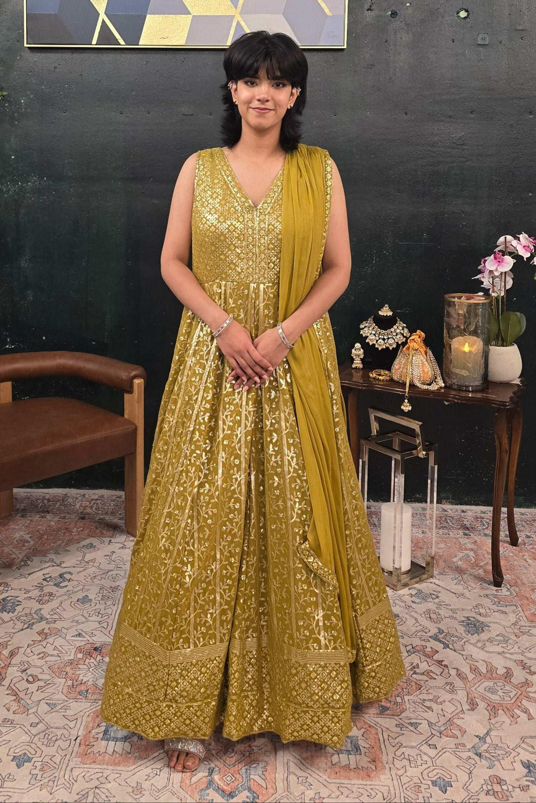 Mehendi Green embroidered Salwar Kameez (Anarkali) (Outside Ontario) - myethnicrentals