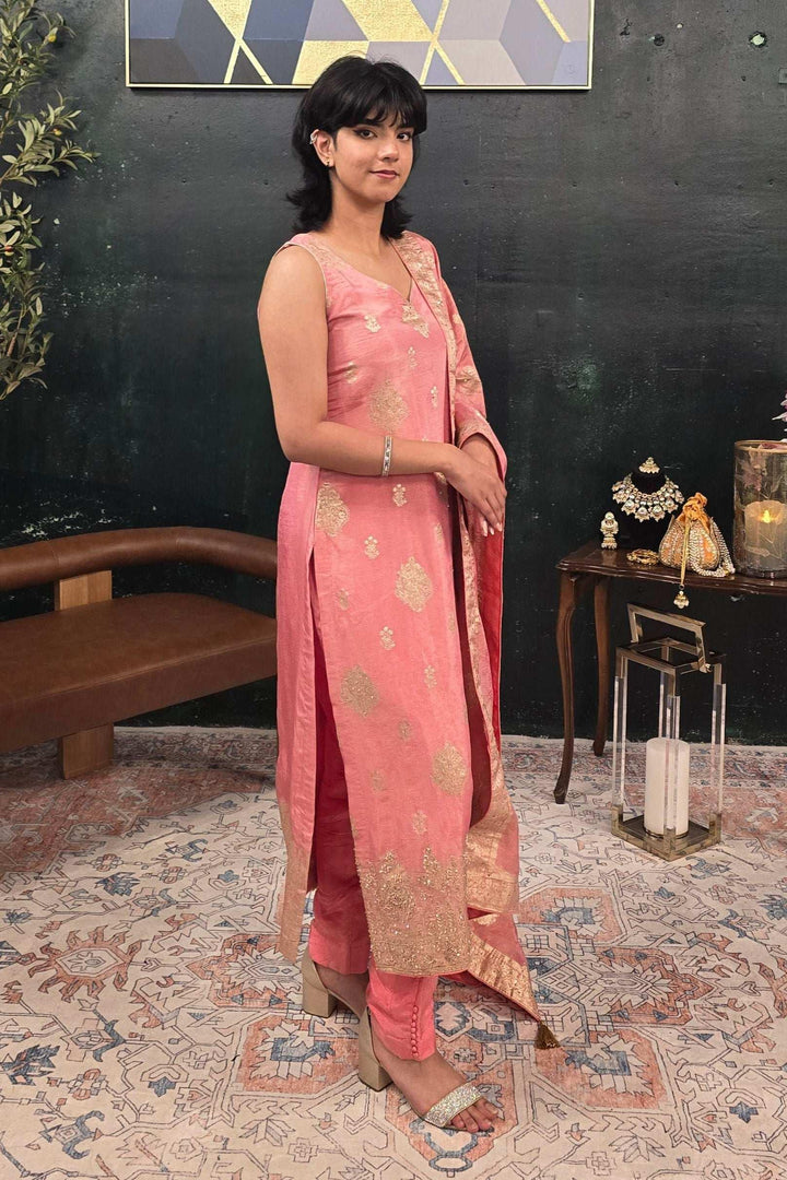 Soft Pink Chanderi Silk Salwar Kameez (Outside Ontario) - myethnicrentals