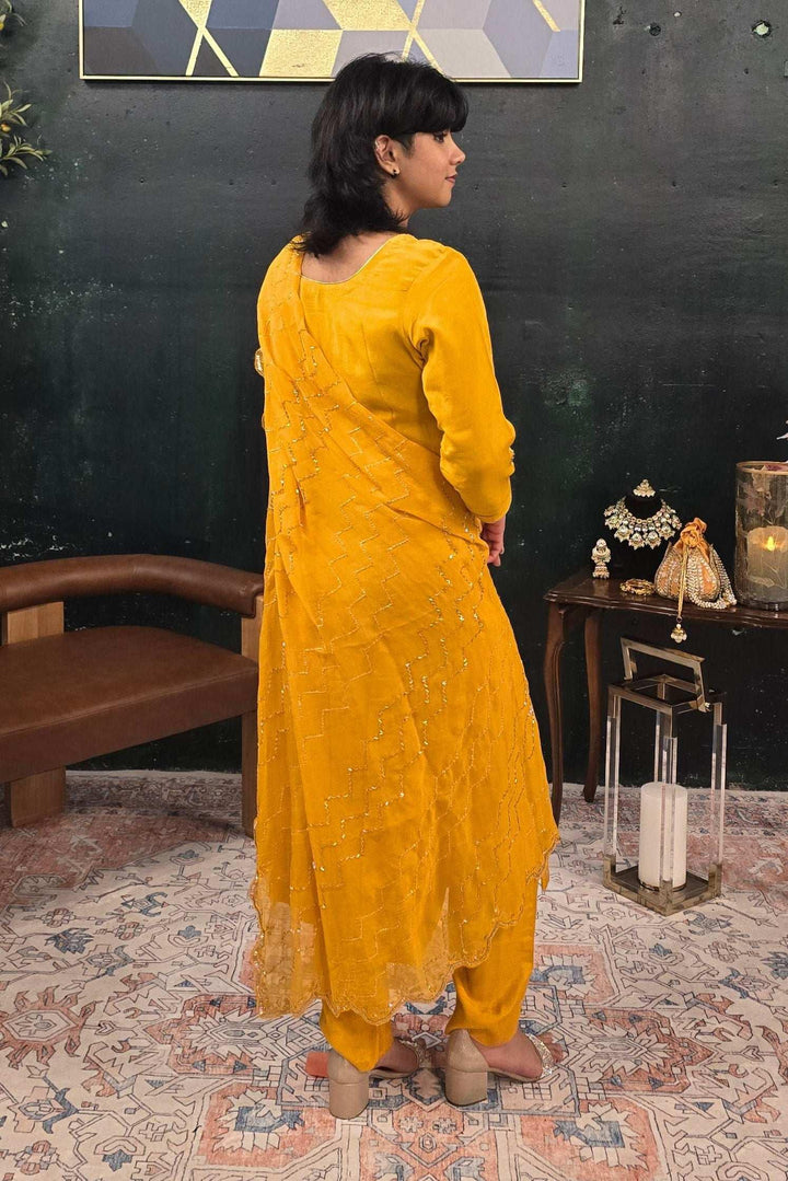 Yellow georgette silver embroidery Salwar Kameez (Outside Ontario) - myethnicrentals