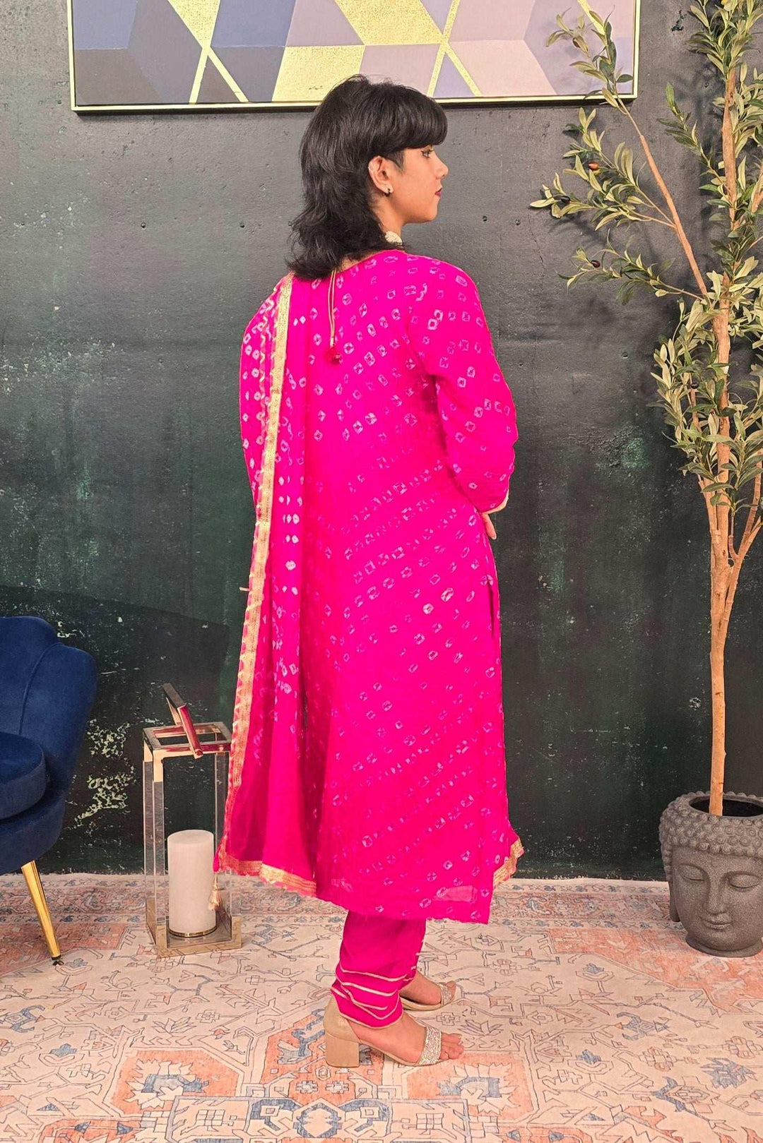 Fuschia Pink Bandhni Gotta Patti Salwar Kameez (Outside Ontario) - myethnicrentals
