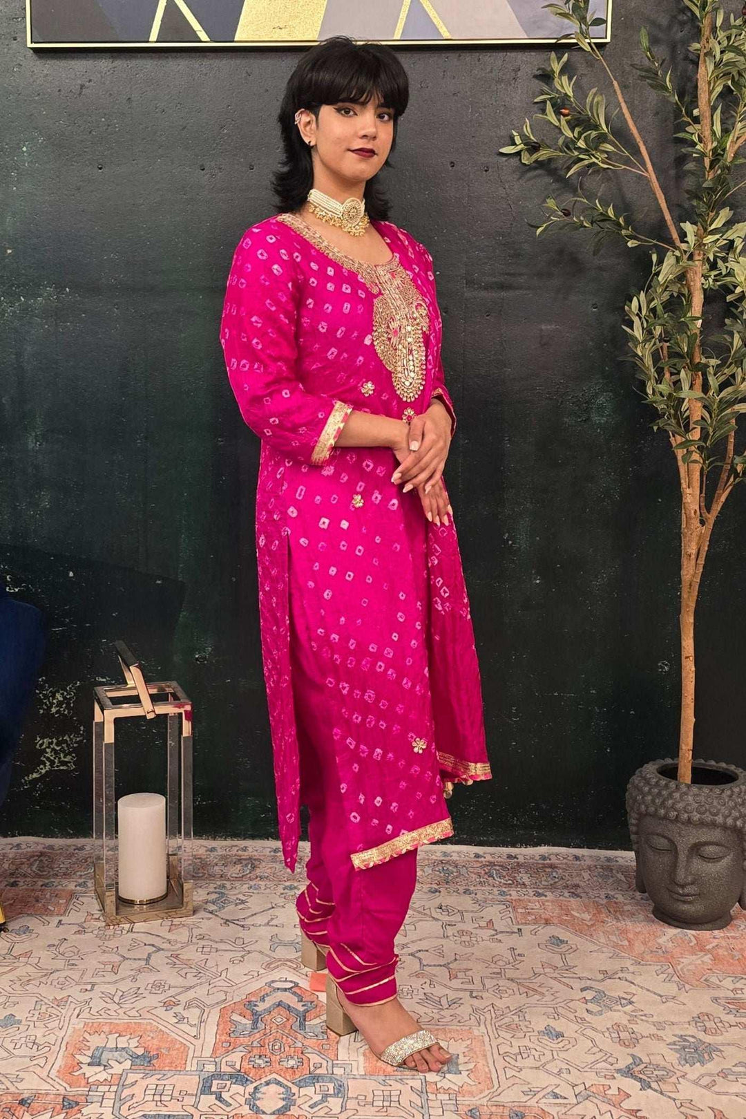 Fuschia Pink Bandhni Gotta Patti Salwar Kameez (Outside Ontario) - myethnicrentals