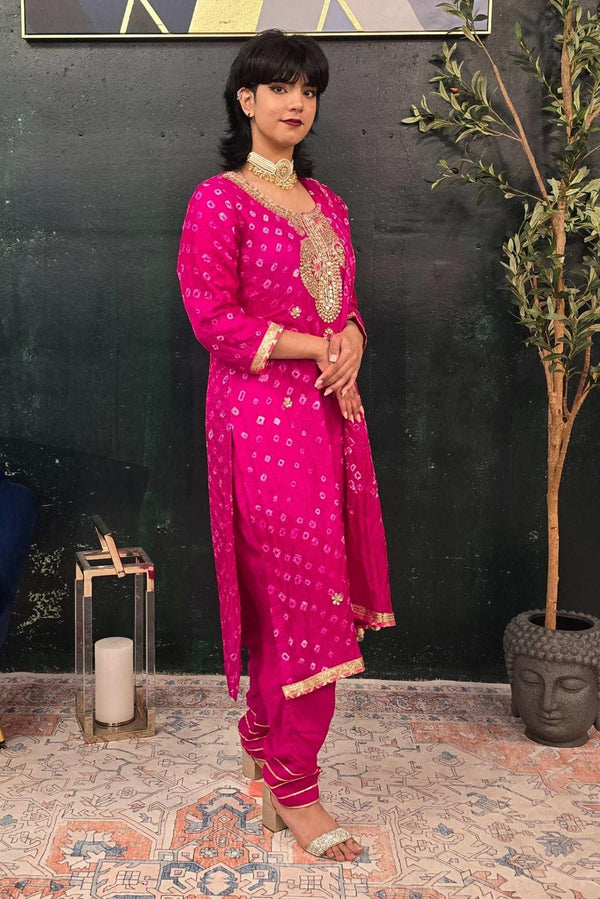 Fuschia Pink Bandhni Gotta Patti Salwar Kameez (Outside Ontario) - myethnicrentals