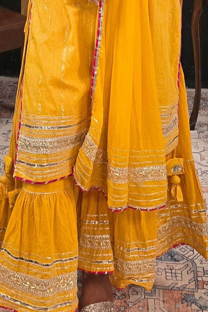 Yellow linen pink embroidery Salwar Kameez (Outside Ontario) - myethnicrentals
