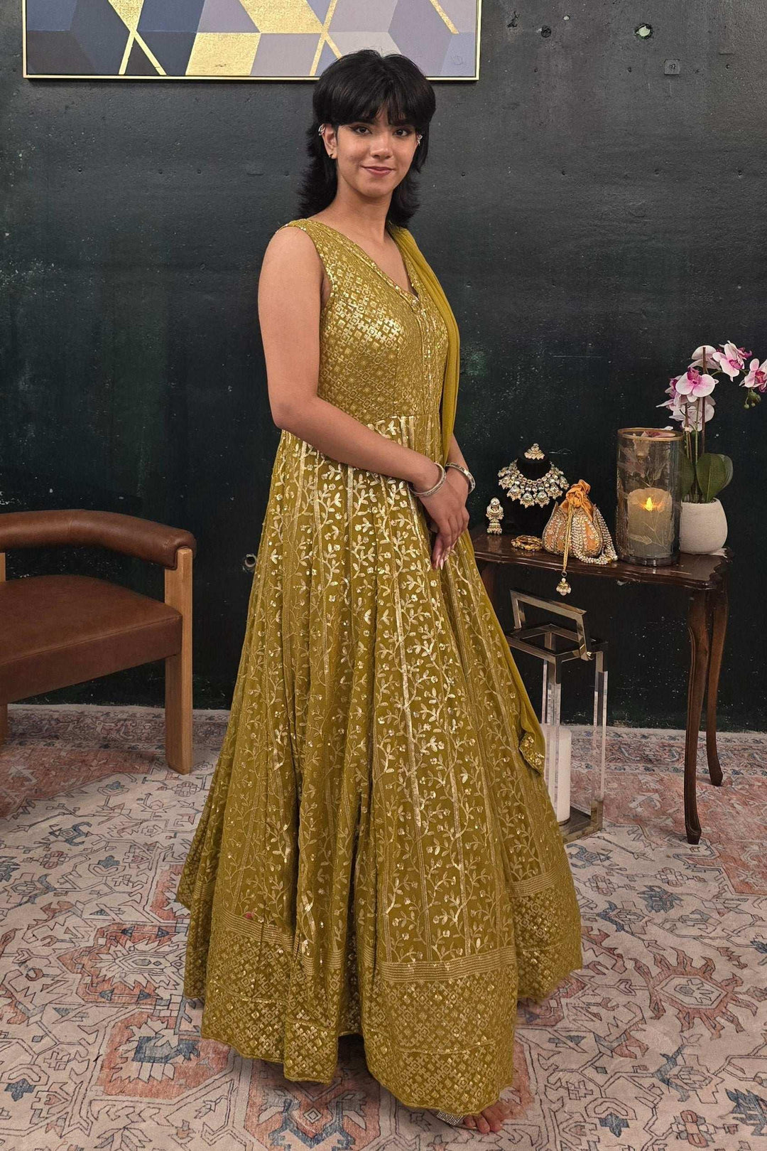 Mehendi Green embroidered Salwar Kameez (Anarkali) (Outside Ontario) - myethnicrentals